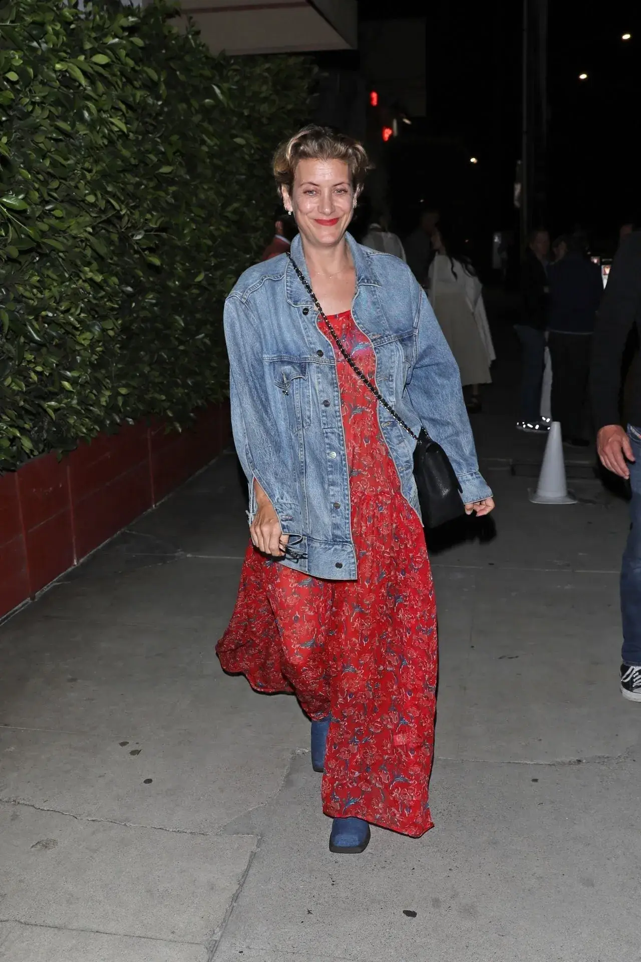 Kate Walsh Stills in Red Floral Dress and a Denim Jacket in Santa Monica